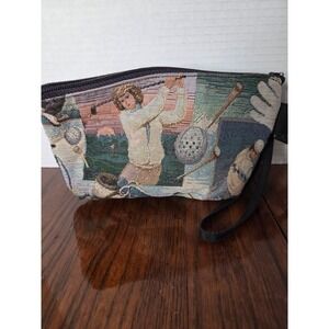 Vintage Golf Tapestry Wristlet Pouch Zippered Accessory Bag w/ Clip Multi-Color